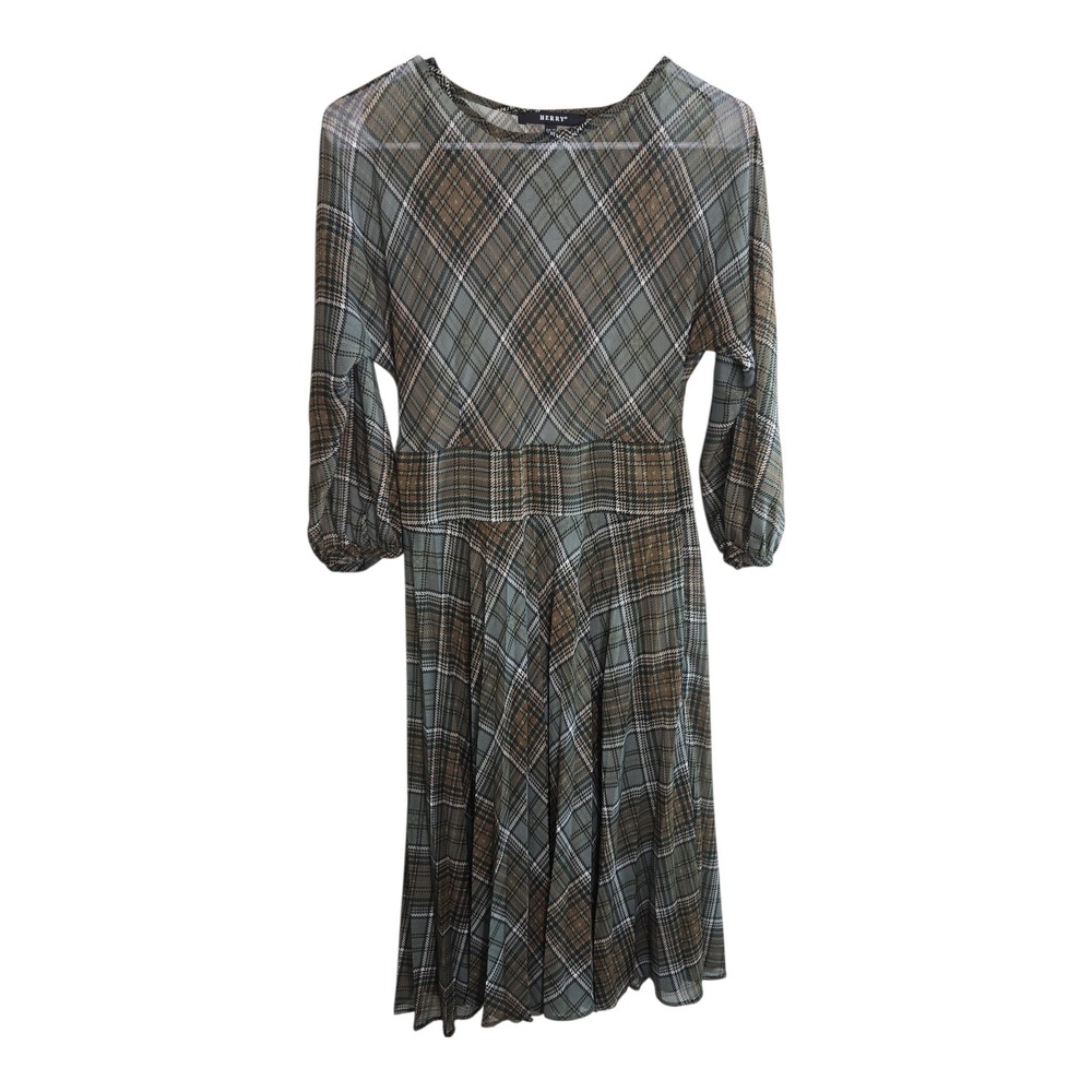HERRY Plaid Pleated Midi Dress Long‎ Sleeve Belted Waist Sheer Women's Size 8